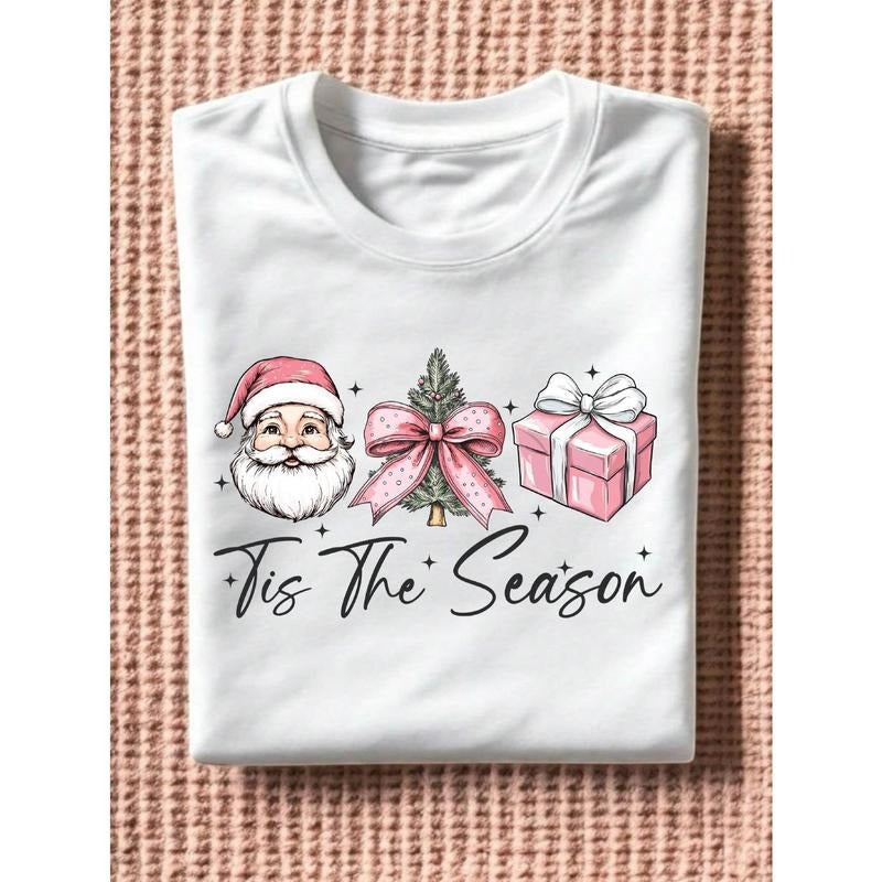 Tis The Season T-Shirt, Christmas Santa Shirt, Tree, Christmas Coquette Bow Shirts, Christmas Tree Short Sleeve, Xmas...
