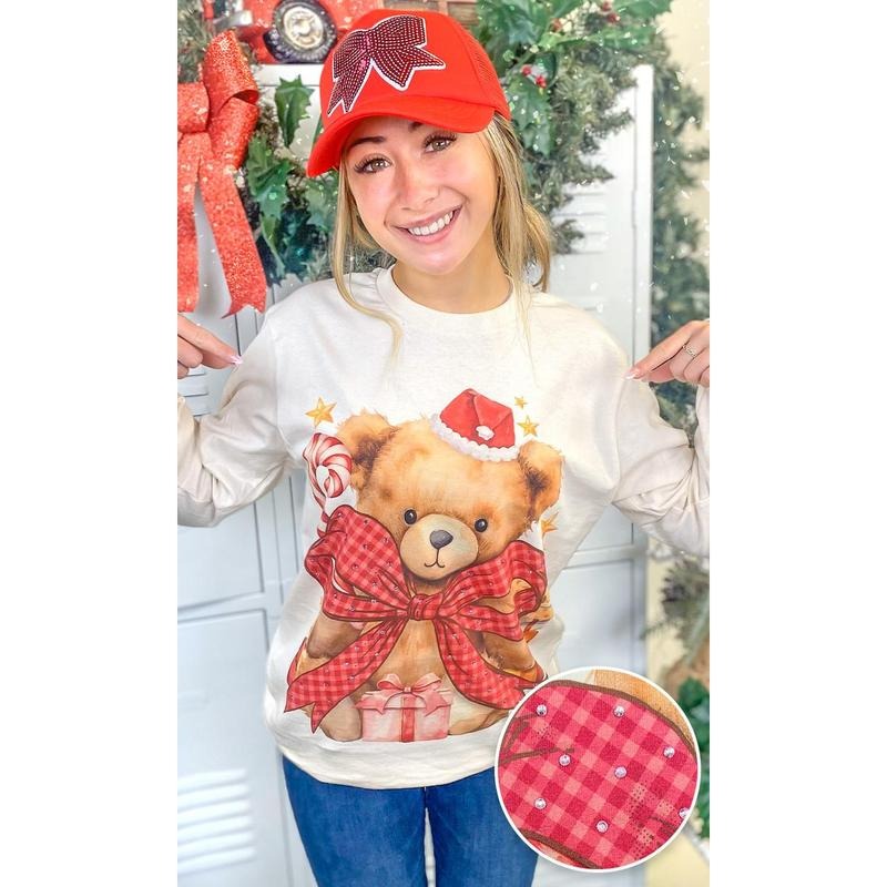 Toby Teddy Bear Christmas Rhinestone Graphic Long Sleeve T-Shirt Hoodie, Sweatshirt | UrbanDripWear.com