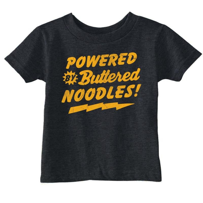 Toddler Funny T Shirts Powered By Butter Noodles Sarcastic Food Graphic Novelty Tee For Young Kids Funny Toddler Shirts Sarcastic Apparel for Toddler Funny Food Apparel Childrens Graphic Tees Black -