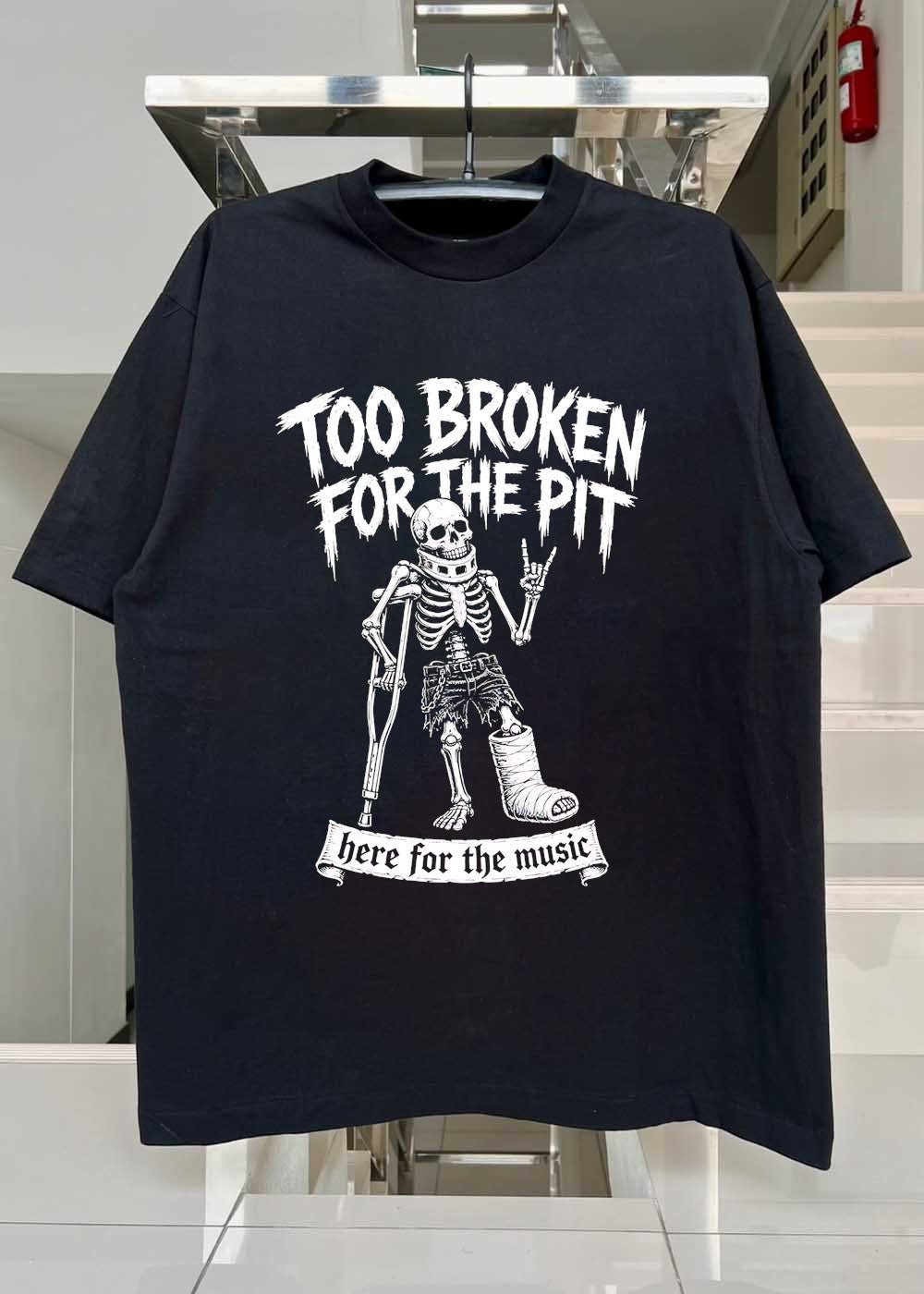 Too Broken for the Pit here for the Music Skeleton with Crutch T-Shirt