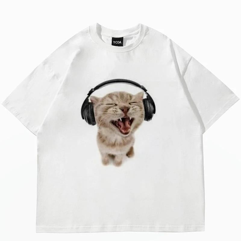 Top Women's Cute Cat Printed Short Sleeve T-shirt Women's Harajuku Fashion Couple Loose Street Style Y2K Clothing Hoodie,...