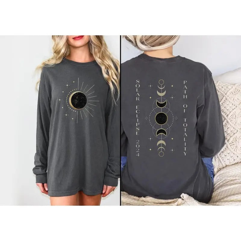 Total Solar Eclipse 2024 Long Sleeve Shirt | Path of Totality | Countdown to Totality | Celestial Shirt | Astronomy Sun Shirt | Moon Phases Shirt