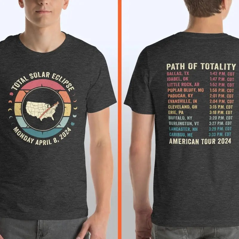 Total Solar Eclipse Double Sided Shirt, USA Map American Tour 2024 Tee, Cities States Totality Path, Front and Back,...