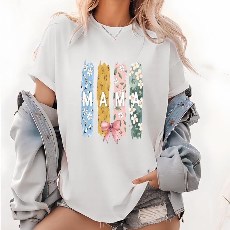 Trending Tee: Stylish "MAMA" Graphic Shirt with Colorful Floral Stripes and Bow Accent Hoodie, Sweatshirt | UrbanDripWear.com
