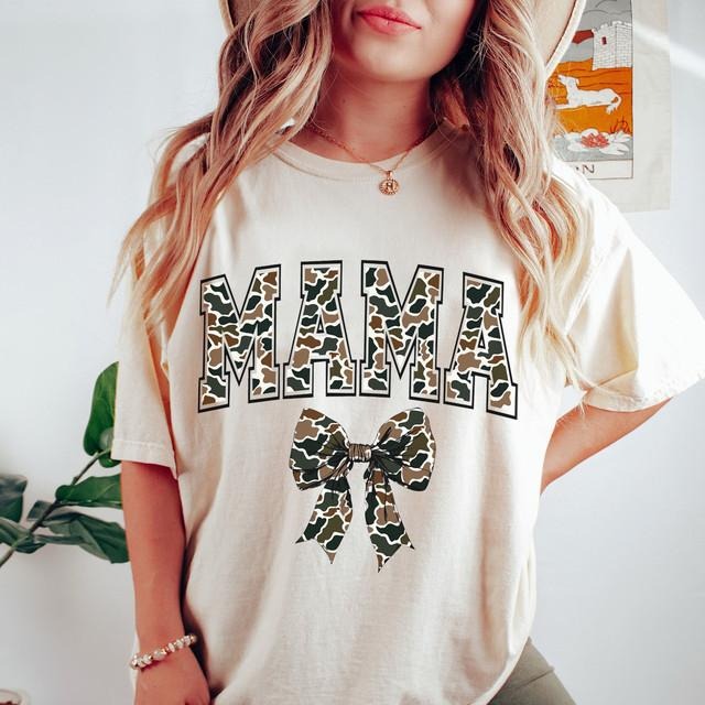 Trendy Camo Mama Coquette Bow Tee, Retro Camouflage Coquette Old Camo Mama Shirt, Mother's Day Gift, Camo Mom Shirt, Gift...