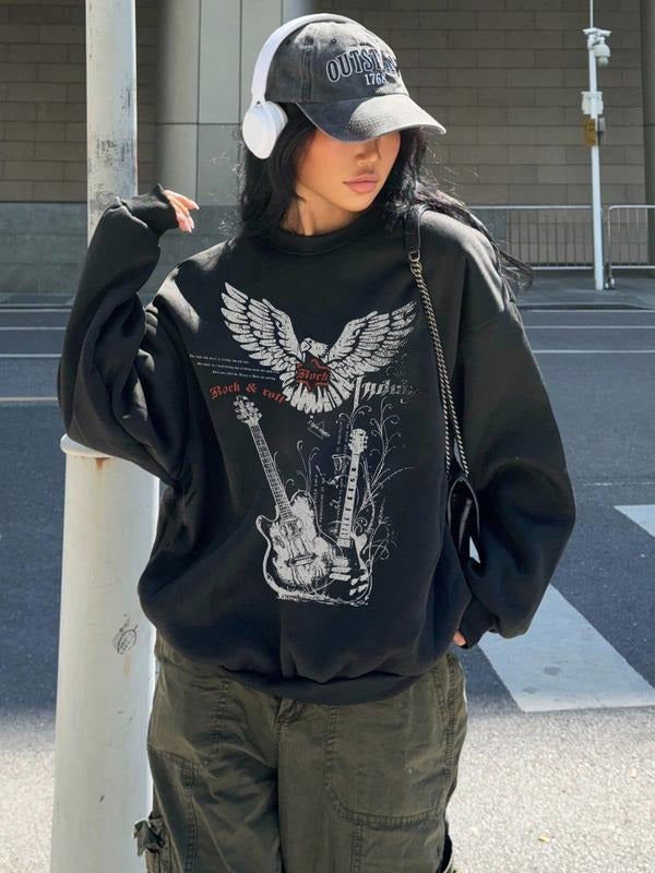 Trendy Cool Girl Street Style Guitar Eagle Print, Fall Winter Fashion Women's Round Neck Pullover Fleece Sweatshirt...