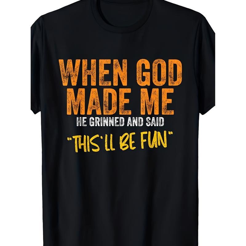 Trendy Cotton Round Neck Letter Print Short Sleeve Men T Shirt With Funny God Quote 180g Casual Apparel Black Birthday...