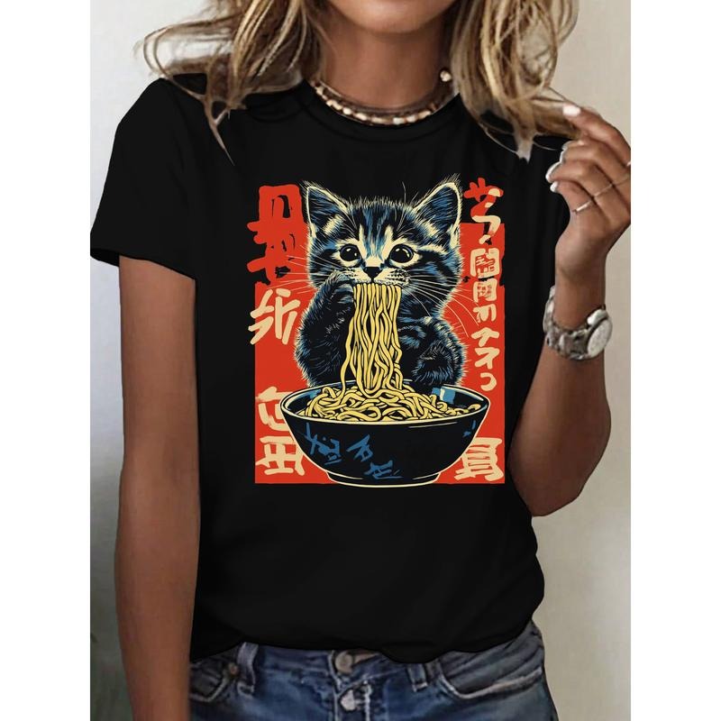 Trendy Japanese - inspired Women's T - Shirt: Chic Kitten - Noodles Design for a Fashion