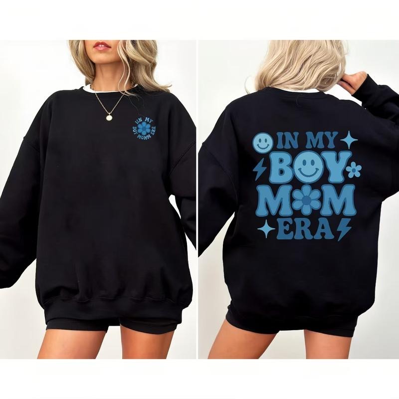 Trendy Round - neck Sweatshirt with "In My Boy Mom Era" Theme and Small Front Logo T-Shirts, Hoodie | UrbanDripWear.com