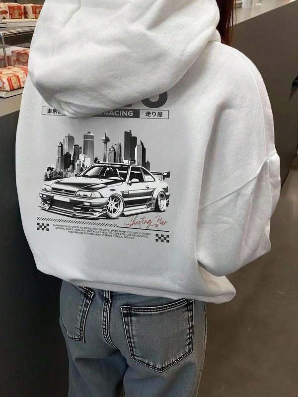 Trendy Street Style Women's Hooded Sweatshirt, Casual Loose-Fit Graphic Car Print Pullover, Fall & Winter Thicken Fabric...