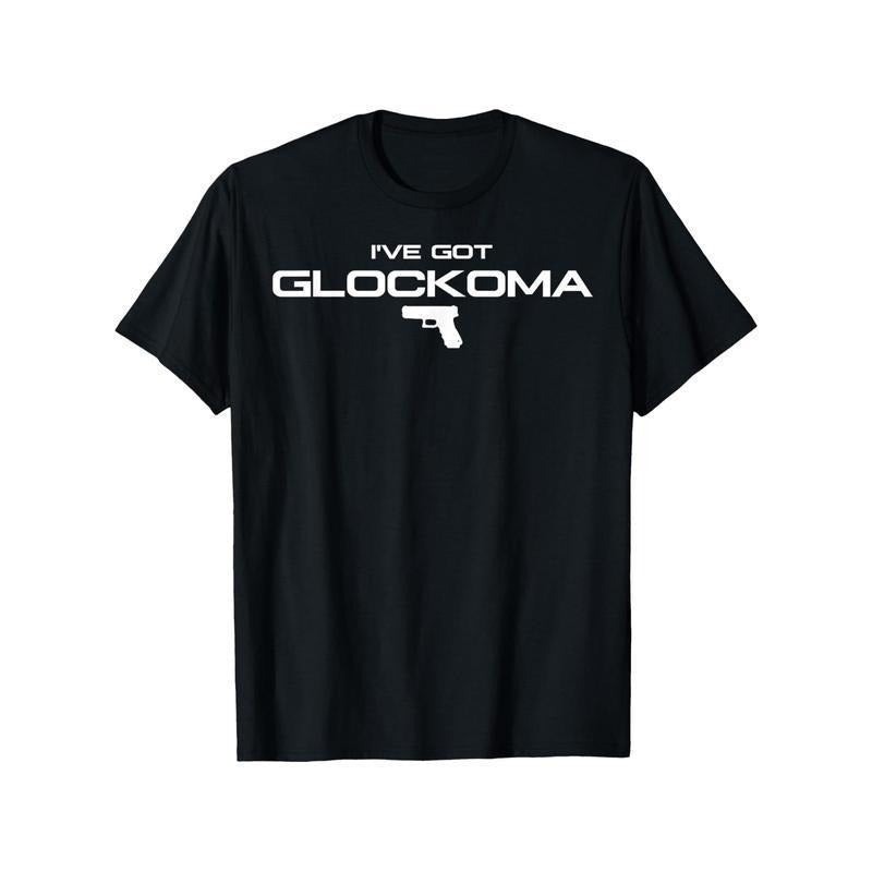Trendy T - Shirt with a Unique Twist: 'Glockoma' Wordplay and Gun Motif for a Stand