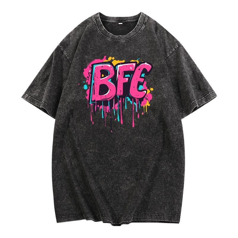 Trendy Washed T - Shirt: Bold "BFE" Graffiti - style Design for Urban Appeal Hoodie, Sweatshirt | UrbanDripWear.com