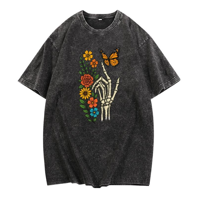 Trendy Washed T - Shirt: Edgy Skeleton Hand Motif with a Touch of Nature style 02 Hoodie, Sweatshirt | UrbanDripWear.com
