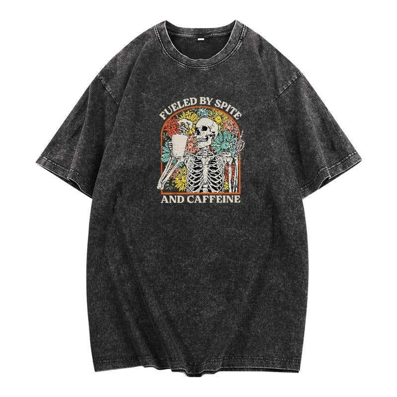 Trendy Washed T - Shirt Making a Bold Statement: 'Fueled by Spite and Caffeine' - Showcase Your Edgy Vibe with Washed