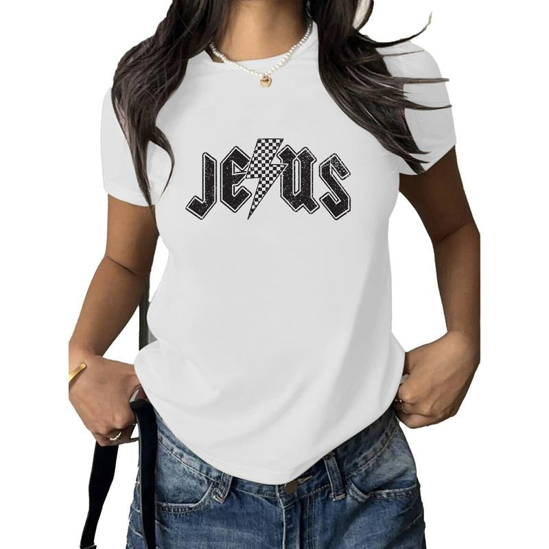 Trendy Women's White T - Shirt with Edgy "JESUS" Text Design and Lightning Bolt Accent Hoodie, Sweatshirt | UrbanDripWear.com