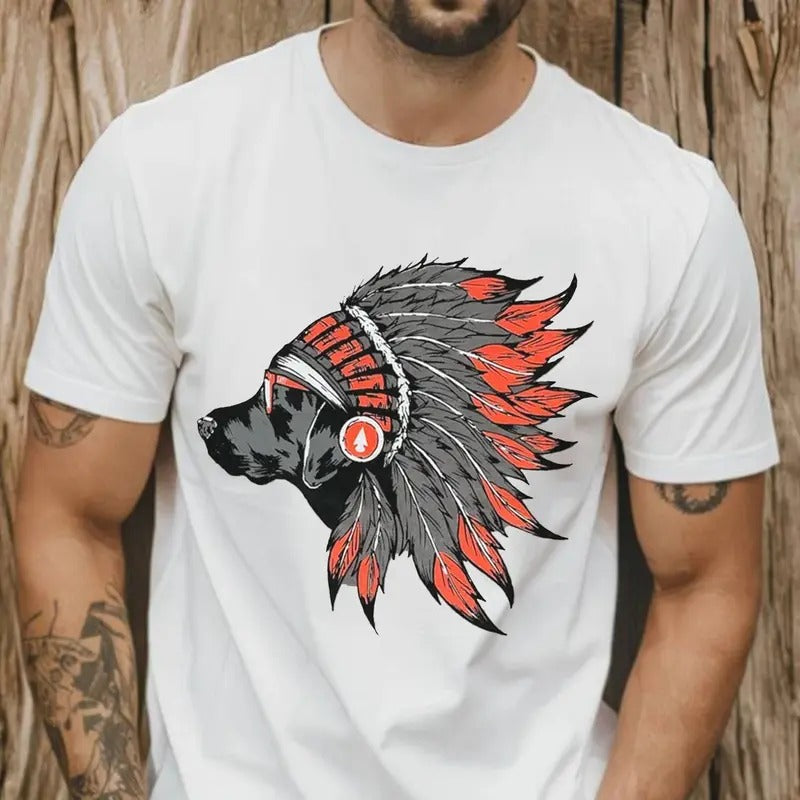 Tribal-Inspired Hunting Dog Graphic Unisex Tee, Dog With Tribal Red Feathers Native Headdress Shirt, Outdoors Outfits,...