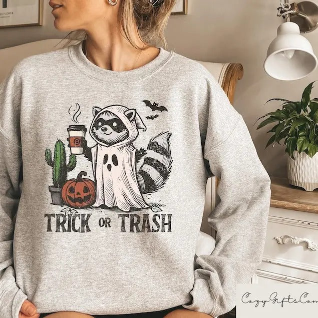 Trick Or Trash Sweatshirt, Ghost Raccoon Drinking Coffee Tshirt, Spooky Season Raccoon Tee, Halloween Raccoon Tshirt,...