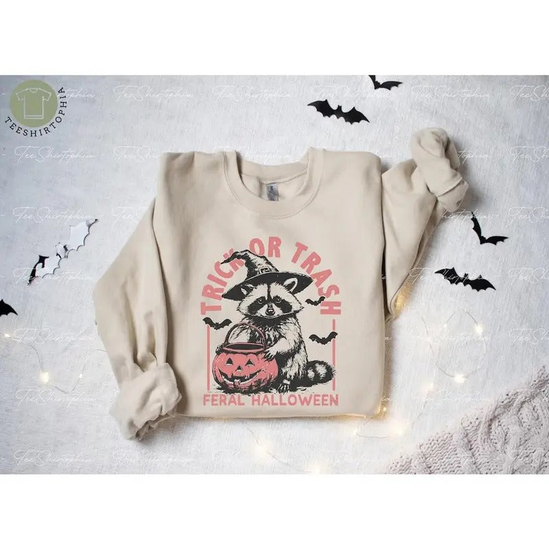 Trick or Trash Sweatshirt Womens Halloween Cotton Womenswear T-Shirts, Hoodie | UrbanDripWear.com