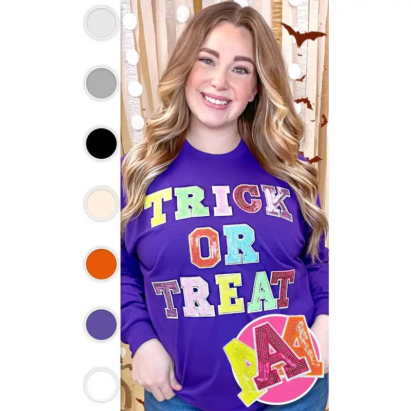 Trick or Treat Sequin Graphic Long Sleeve T-Shirt Hoodie, Sweatshirt | UrbanDripWear.com