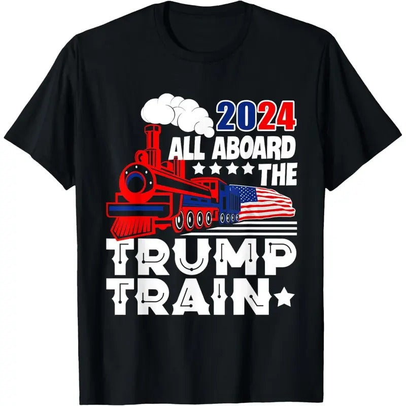 Trump 2024 All Aboard The Trump Train USA American Flag T-Shirt made in usa Hoodie, Sweatshirt | UrbanDripWear.com