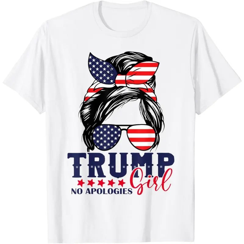 Trump Girl No Apologies Messy Bun Trump 2024 American Flag T-Shirt made in usa Hoodie, Sweatshirt | UrbanDripWear.com