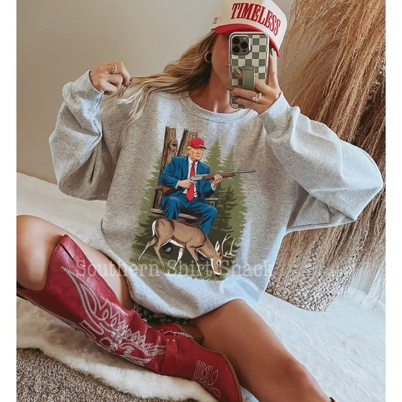 Trump goes deer hunting Sweatshirt | Ash Gray Sweatshirt T-Shirts, Hoodie | UrbanDripWear.com