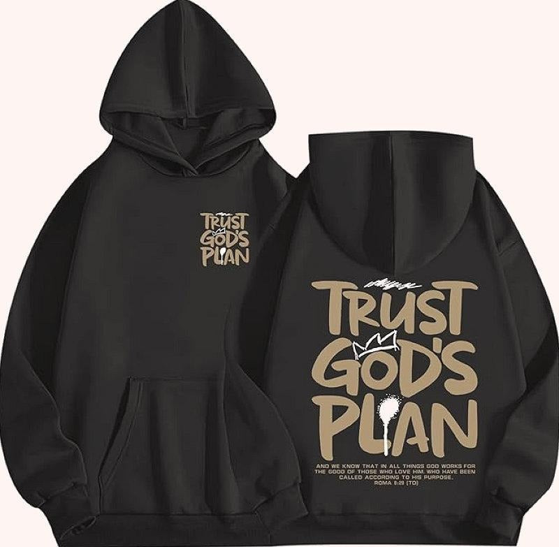 Trust God Plan, Faith Bible Verse 2 Sided Graphic Hoodie Casual Fleece Fabric Pullover Hooded Sweatshirt Trendy Tops for...