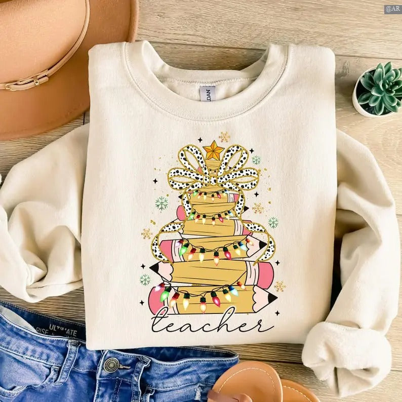 Christmas Pencil Tree Teacher Sweatshirt/Hoodie/Tshirt, Teacher Coquette Bow, Retro Crewneck, Gift For Lovers, Cotton,...
