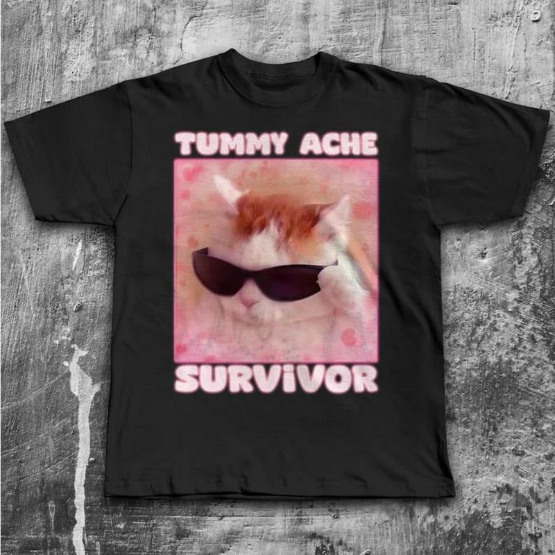 Tummy Ache Survivor Funny Cat Meme T-shirt Gift for Woman Goofy Ahh Cats Tee Shirt Trendy Summer Clothes Ironic T-shirt...