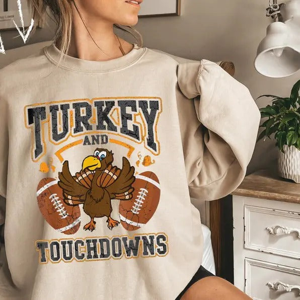 Turkey and Touchdowns Sweatshirt, Thanksgiving Football Sweatshirt, Turkey Football Shirt, Football Mom Shirt Cotton...