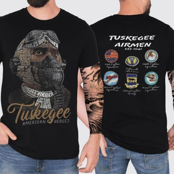 Tuskegee American Heroes 2 Sides T-shirt, Tuskegee Airmen Red Tails World War 2 Commemorative Tee Shirt, Men's Streetwear...