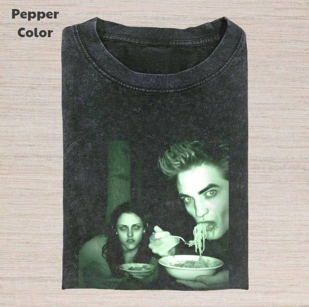 Twilight Vintage Graphic Tee, Edward Cullen And Bella Swan Eat Spaghetti T-Shirt, Movies Tee, Unisex Meme Cringe Funny...