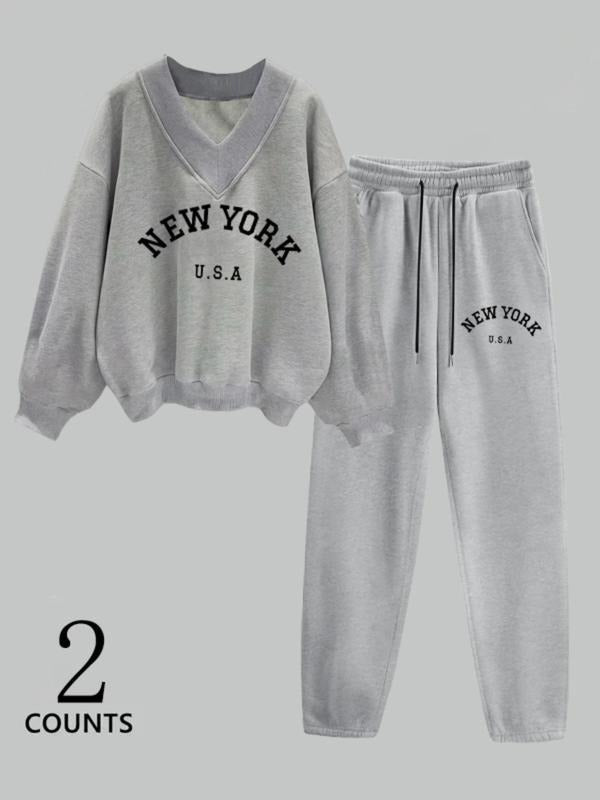 Two-Piece Set Women's Letter Print Sweatshirt & Thermal Lined Sweatpants Set, Casual Long Sleeve Pullover & Trousers,...