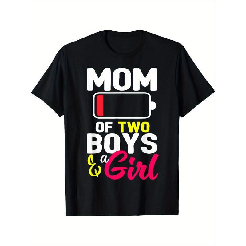 Two boys and one girl mom graphic T-shirt, 100% cotton, casual round neck, stretch knit fabric, regular fit, short sleeve...