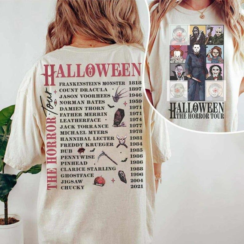 Two-sided Horror Characters Halloween Shirt, Horror Movie, Halloween Horror Nights 2025, Halloween Friends Group...