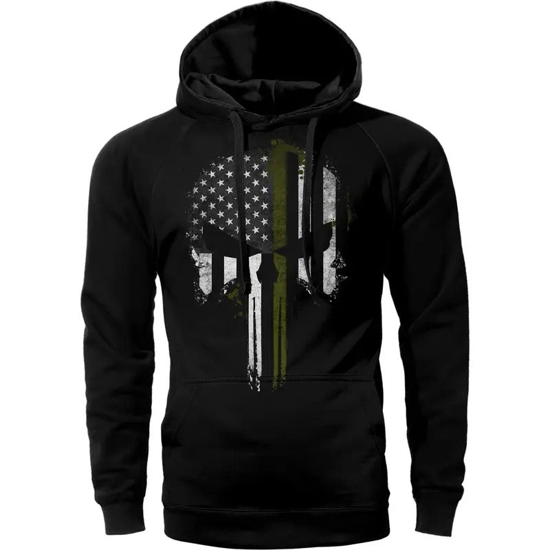 US Thin Green Line Flag Skull Army Hoodie Sweatshirt Cotton Fabric T-Shirts | UrbanDripWear.com