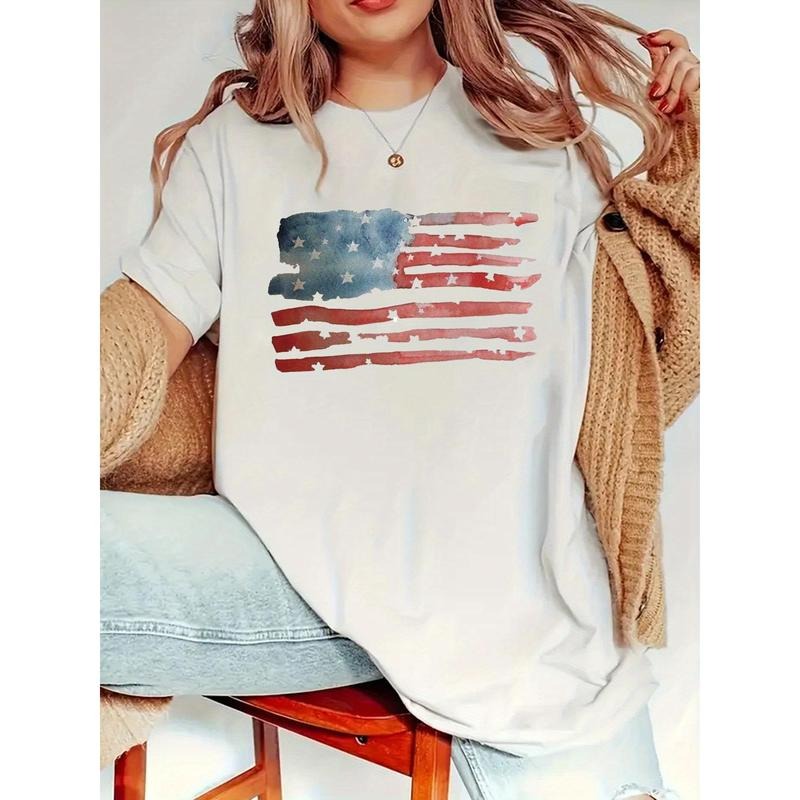 USA Flag Print Solid T-Shirt, Crew Neck Short Sleeve Casual Top for Summer & Spring, Women's Clothing Hoodie, Sweatshirt