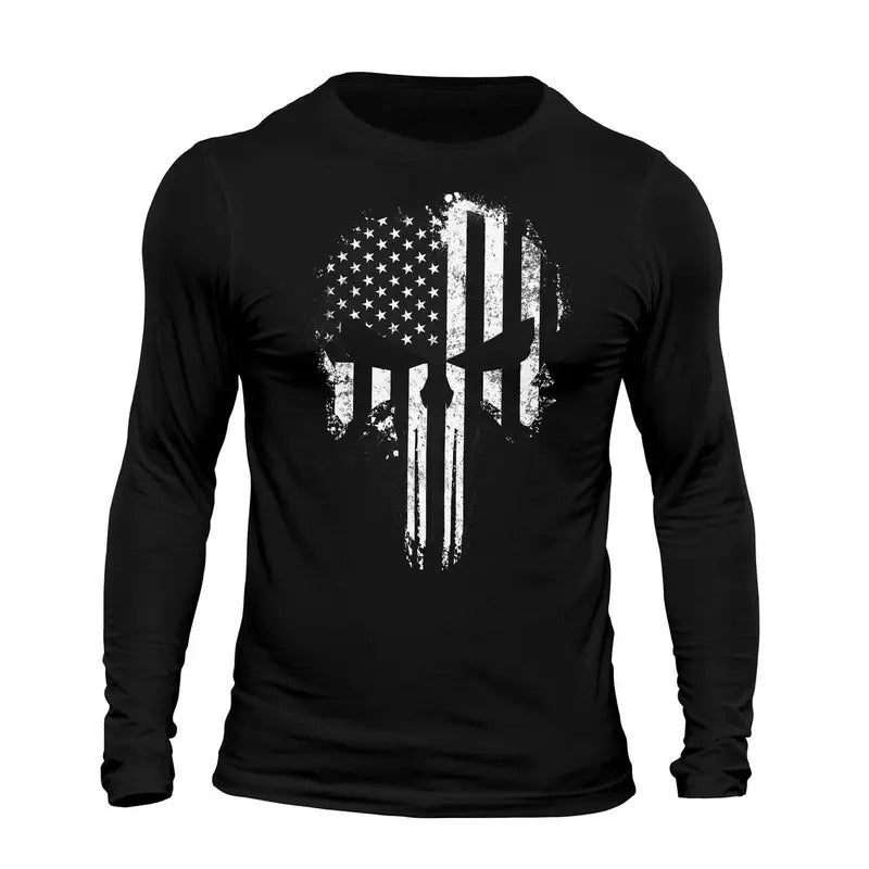 USA Flag Tactical B&W Skull Long Sleeve Men's T-Shirt Casual Classic Hoodie, Sweatshirt | UrbanDripWear.com