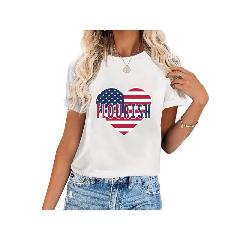 USA Heart Shape American Flag Cute Womens Short Sleeve Graphic T-Shirt Perfect Gift for Parties and Birthdays White style...