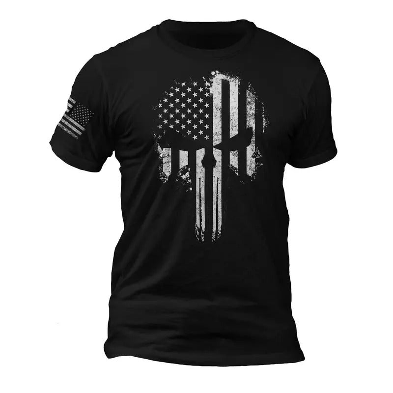 USA Patriotic Shirt Tactical Desaturated Skull Flag on Sleeve Men's T-Shirt Hoodie, Sweatshirt | UrbanDripWear.com