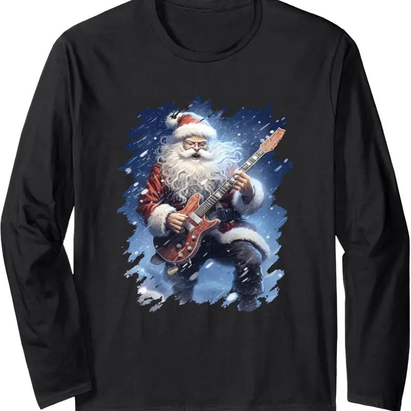 Ugly Christmas Sweater - Santa Claus Playing Guitar Long Sleeve T-Shirt Hoodie, Sweatshirt | UrbanDripWear.com