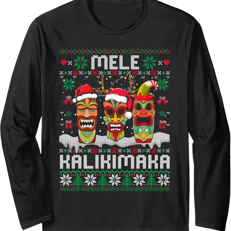 Ugly Christmas Sweater Mele Kalikimaka Hawaiian Xmas Pajamas Long Sleeve T-Shirt Hoodie, Sweatshirt | UrbanDripWear.com
