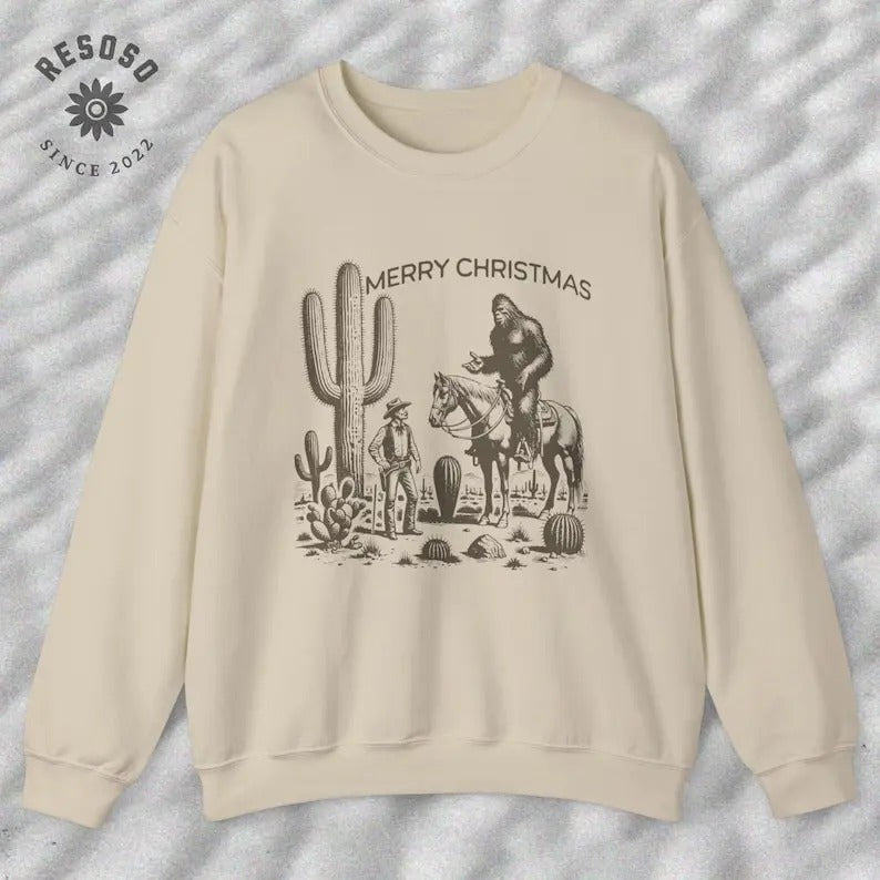 Ugly Christmas Sweater, Funny Western Cowboy And Bigfoot Shirt, Vintage 90s Weirdcore Meme Sweatshirt, Sasquatch and...