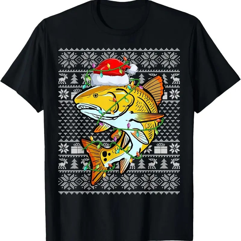 Ugly Sweater Style Xmas Lights Santa Redfish Christmas T-Shirt Hoodie, Sweatshirt | UrbanDripWear.com