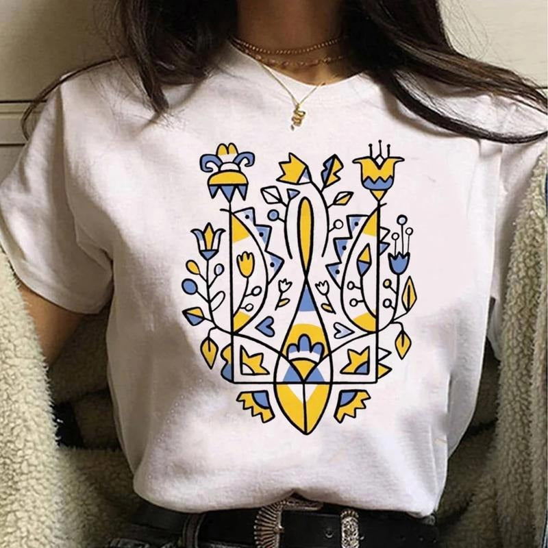 Ukrainian flag element printed T-shirt, women's pattern T-shirt, Japanese summer top T-shirt, girl's Japanese manga fun...