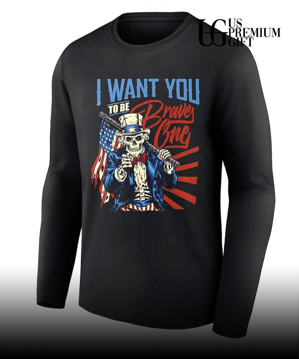 Uncle Sam Skeleton I want you to be brave one United States American flag shirt