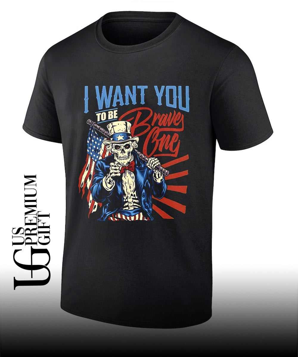 Uncle Sam Skeleton I want you to be brave one United States American flag shirt