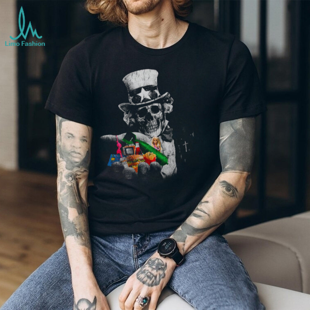 Uncle Sam Skeleton Satire Graphic T Shirt Anti Consumerism Art