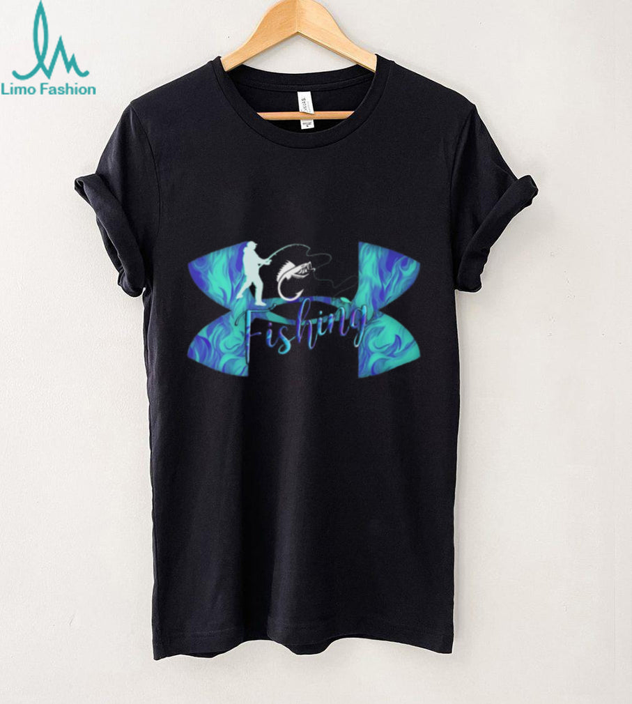 Under Armour Style Fishing Silhouette Abstract Blue Swirl Graphic T Shirt