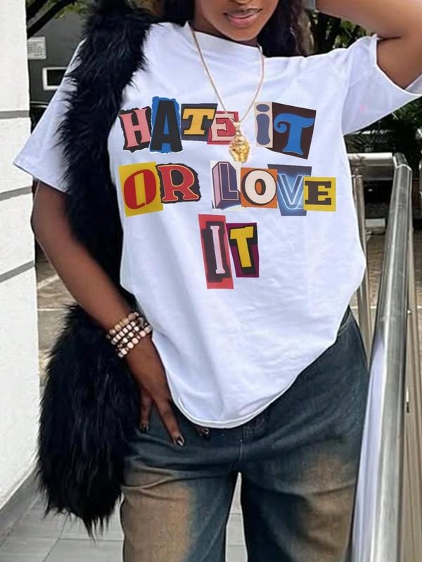 Unique Asymmetrical Letter Loose Fit Women's T-Shirt Short Sleeve, Casual Graphic Tee for Summer, Trendy and Comfortable...
